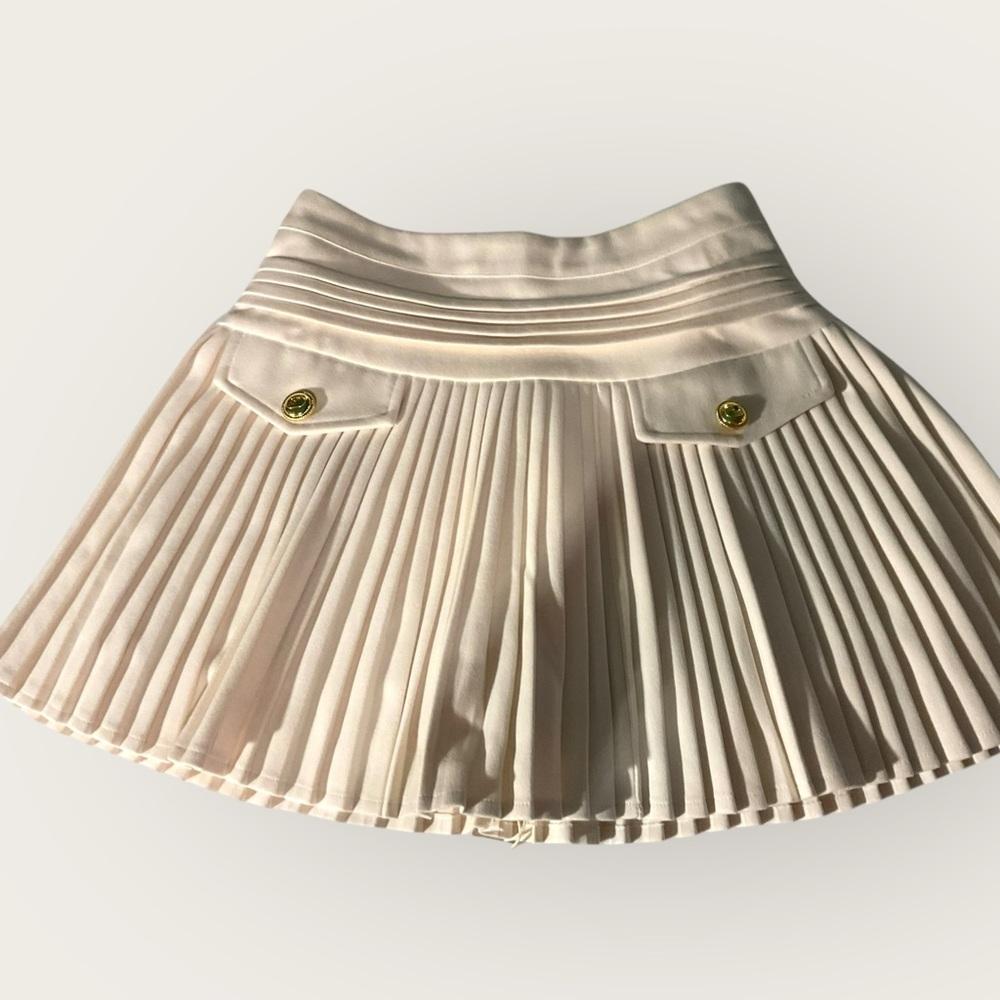 Commense Cream Pleated Mini Skirt with Gold Buttons